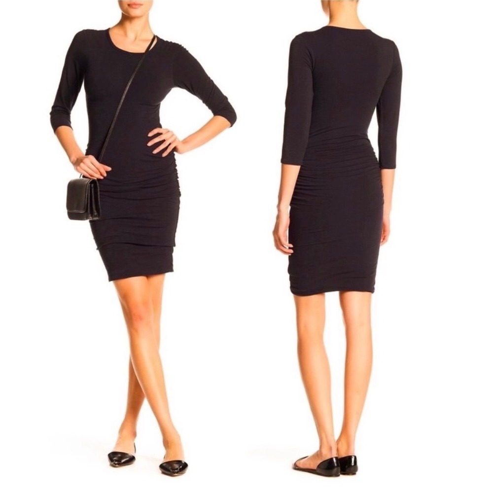 Standard James Perse‎ Black 3/4 Sleeve Side Ruched Bodycon Mini Dress - 1 / S